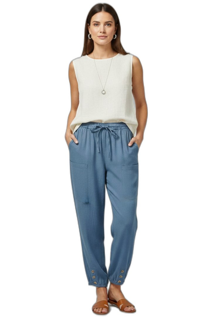 Effortless Blue Denim Pants for Women with High Waisted Drawstring Casual Style