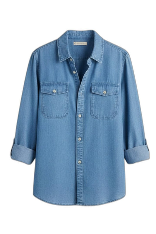 Effortless Blue Denim Shirt for Women with Collared Long Sleeve Button Front Pockets Casual Style