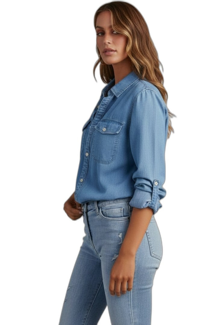 Effortless Blue Denim Shirt for Women with Collared Long Sleeve Button Front Pockets Casual Style