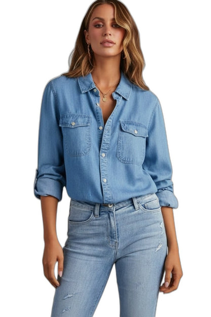 Effortless Blue Denim Shirt for Women with Collared Long Sleeve Button Front Pockets Casual Style