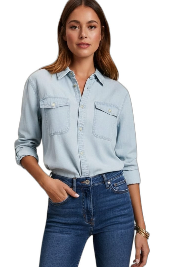 Effortless Blue Denim Shirt for Women with Collared Long Sleeve Button Front Pockets Casual Style