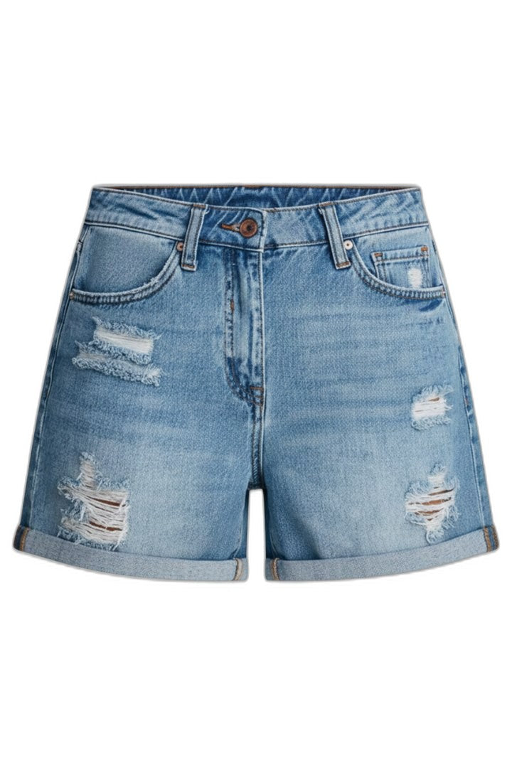 Effortless Blue Denim Shorts for Women with Fringe High Waisted Pockets Casual Style