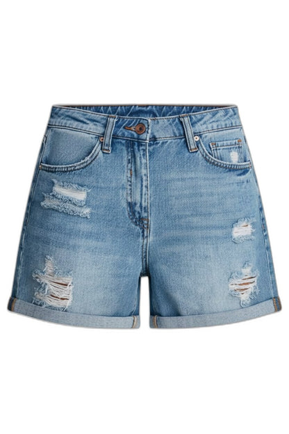 Effortless Blue Denim Shorts for Women with Fringe High Waisted Pockets Casual Style