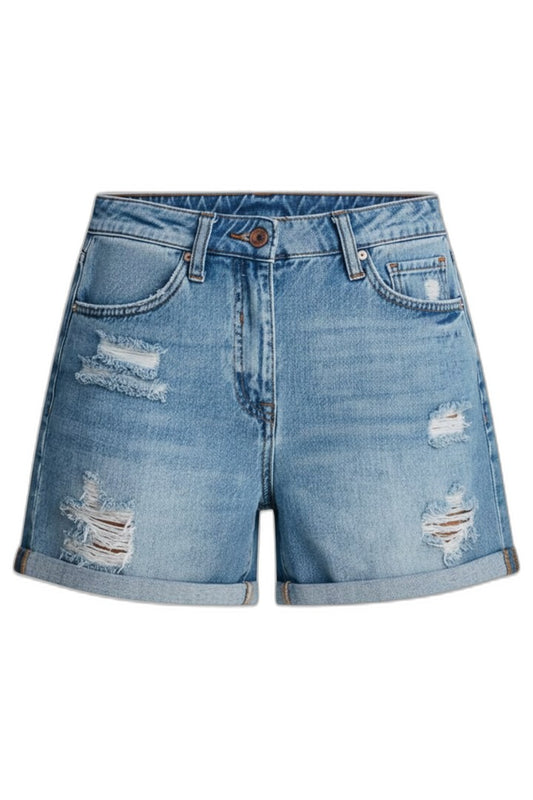 Effortless Blue Denim Shorts for Women with Fringe High Waisted Pockets Casual Style