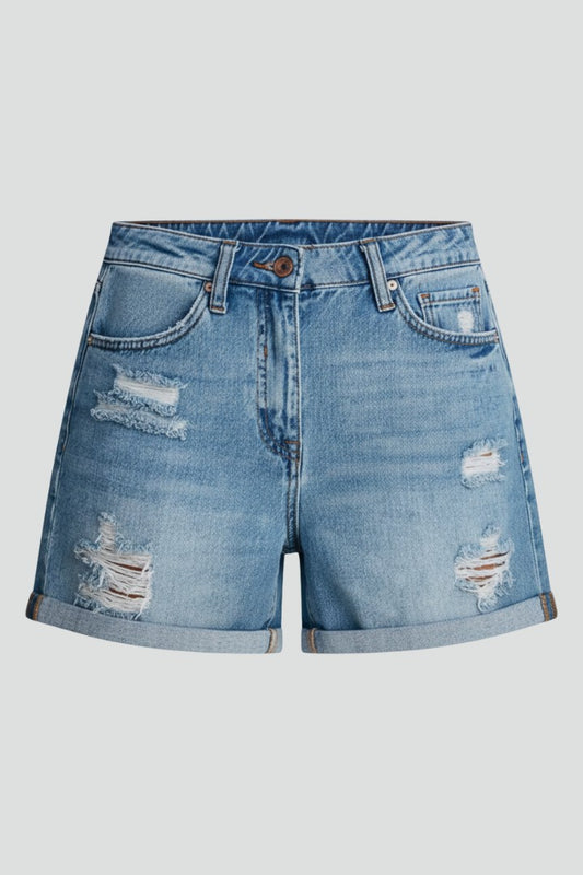 Effortless Blue Denim Shorts for Women with Fringe High Waisted Pockets Casual Style