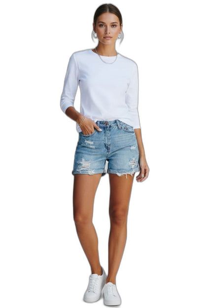 Effortless Blue Denim Shorts for Women with Fringe High Waisted Pockets Casual Style