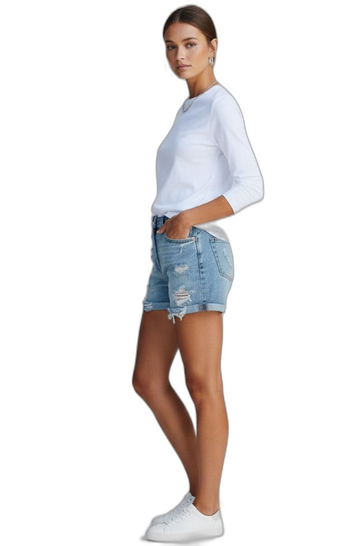 Effortless Blue Denim Shorts for Women with Fringe High Waisted Pockets Casual Style