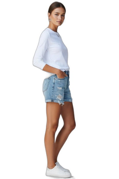 Effortless Blue Denim Shorts for Women with Fringe High Waisted Pockets Casual Style