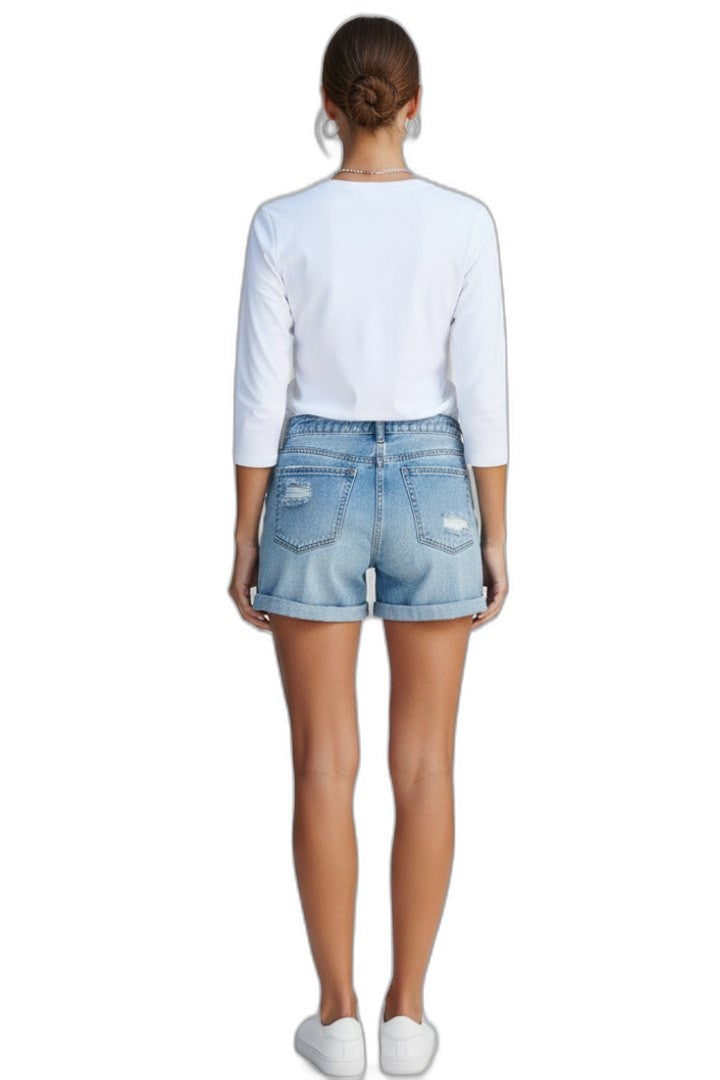 Effortless Blue Denim Shorts for Women with Fringe High Waisted Pockets Casual Style