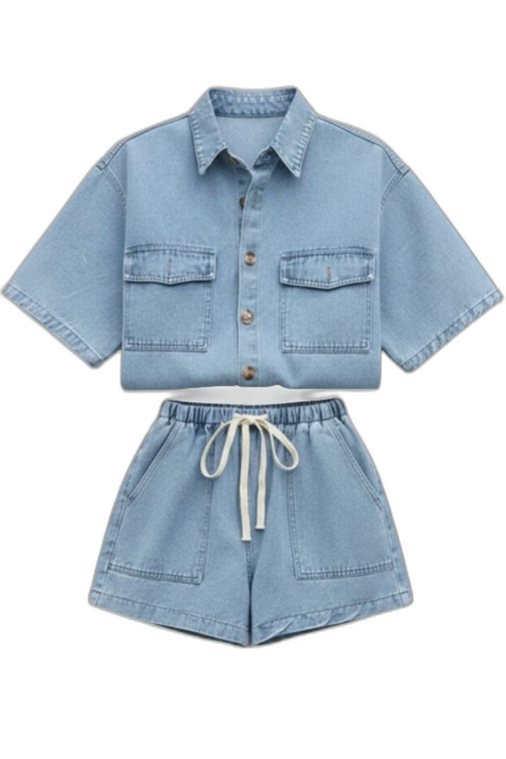 Effortless Blue Denim Two Piece Set for Women with Button Front Pockets Casual Style