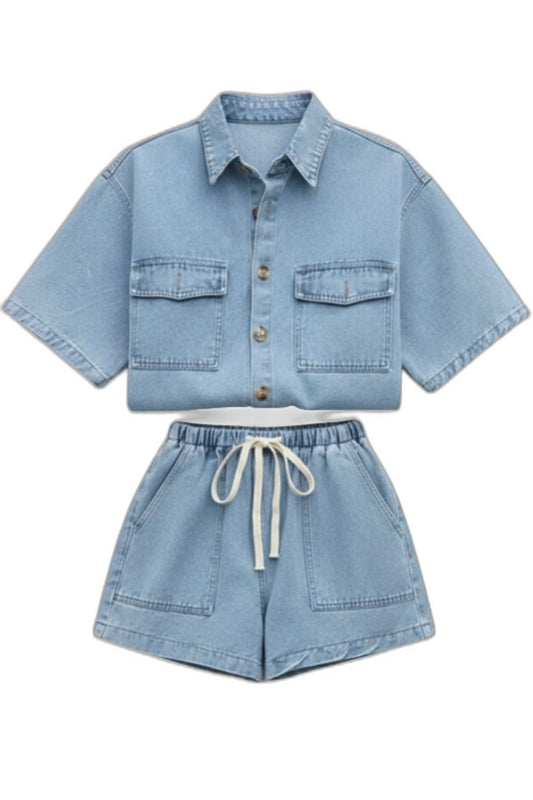 Effortless Blue Denim Two Piece Set for Women with Button Front Pockets Casual Style