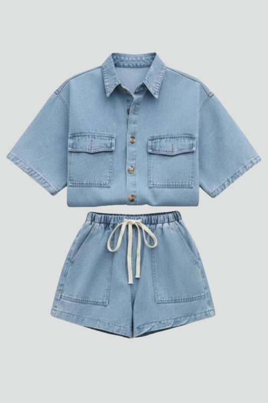 Effortless Blue Denim Two Piece Set for Women with Button Front Pockets Casual Style