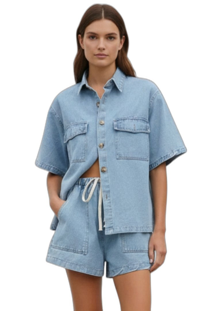 Effortless Blue Denim Two Piece Set for Women with Button Front Pockets Casual Style