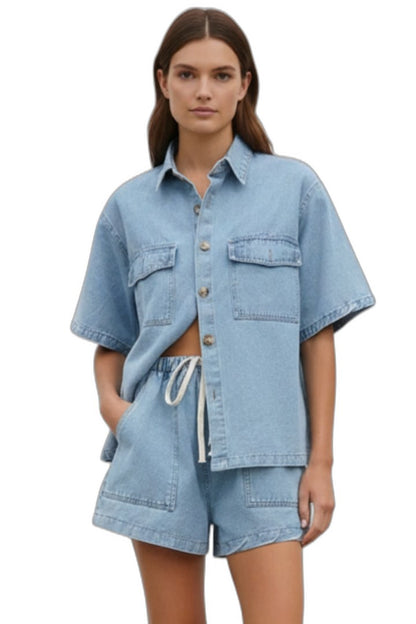 Effortless Blue Denim Two Piece Set for Women with Button Front Pockets Casual Style