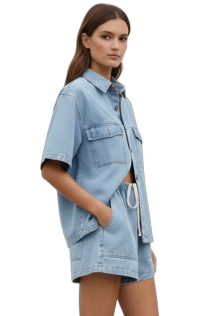 Effortless Blue Denim Two Piece Set for Women with Button Front Pockets Casual Style