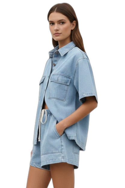 Effortless Blue Denim Two Piece Set for Women with Button Front Pockets Casual Style
