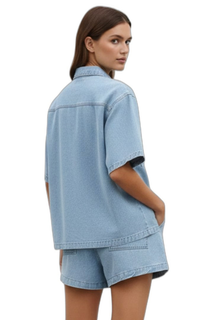 Effortless Blue Denim Two Piece Set for Women with Button Front Pockets Casual Style
