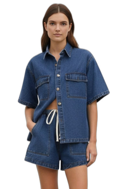 Effortless Blue Denim Two Piece Set for Women with Button Front Pockets Casual Style