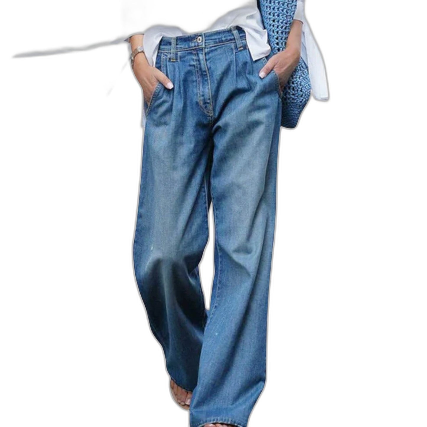 Effortless Blue Denim Wide Leg Pants for Women with High Waisted Pockets Casual Style
