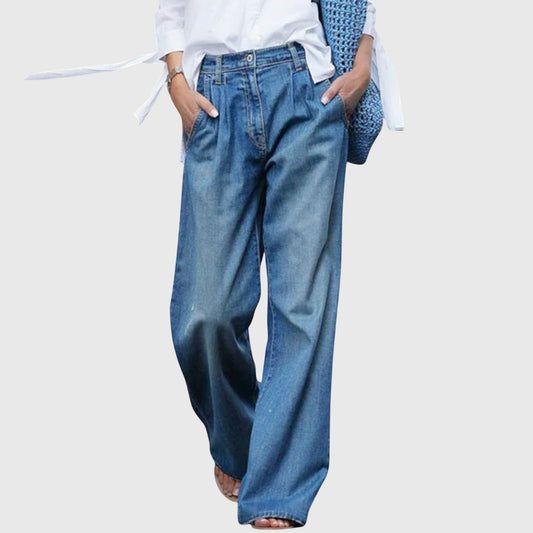 Effortless Blue Denim Wide Leg Pants for Women with High Waisted Pockets Casual Style