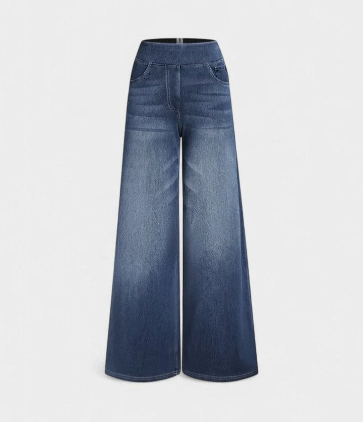 Effortless Blue Denim Wide Leg Pants for Women with High Waisted Pockets Casual Style