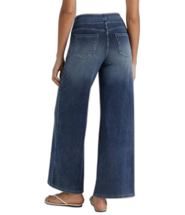 Effortless Blue Denim Wide Leg Pants for Women with High Waisted Pockets Casual Style