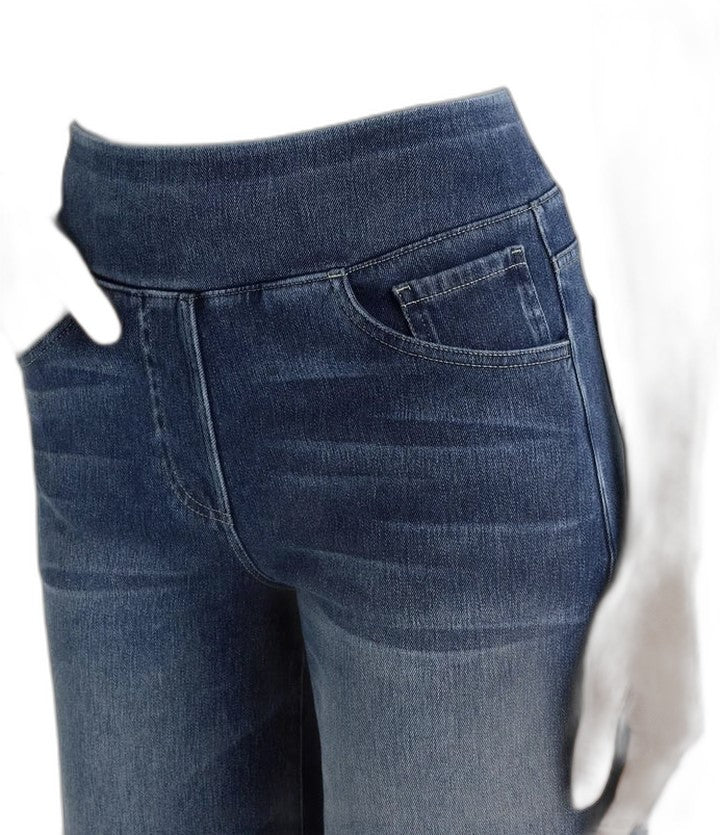 Effortless Blue Denim Wide Leg Pants for Women with High Waisted Pockets Casual Style