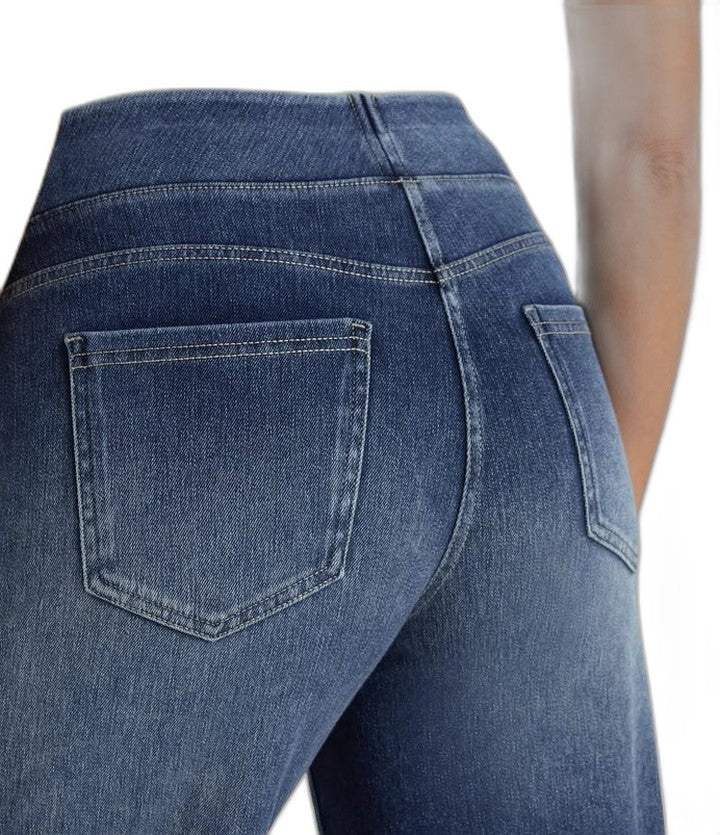 Effortless Blue Denim Wide Leg Pants for Women with High Waisted Pockets Casual Style