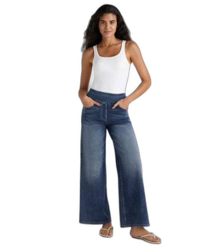 Effortless Blue Denim Wide Leg Pants for Women with High Waisted Pockets Casual Style