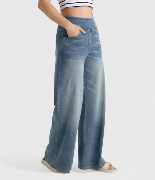 Effortless Blue Denim Wide Leg Pants for Women with High Waisted Pockets Casual Style