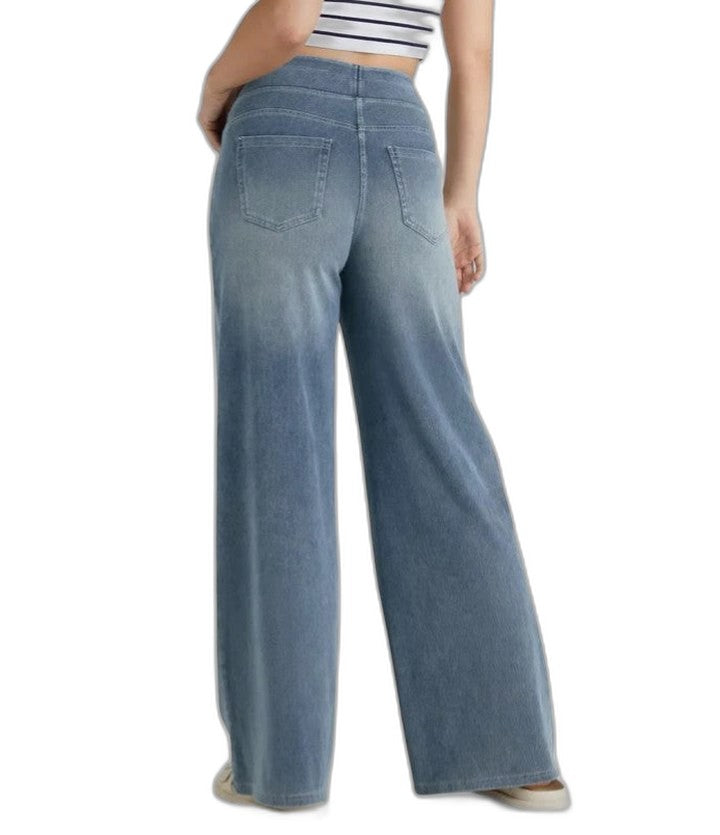 Effortless Blue Denim Wide Leg Pants for Women with High Waisted Pockets Casual Style