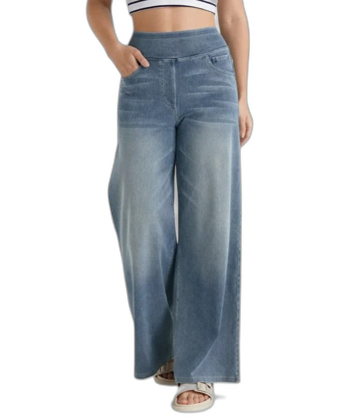 Effortless Blue Denim Wide Leg Pants for Women with High Waisted Pockets Casual Style