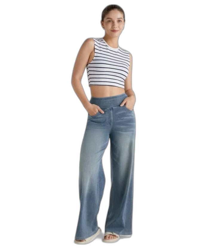 Effortless Blue Denim Wide Leg Pants for Women with High Waisted Pockets Casual Style
