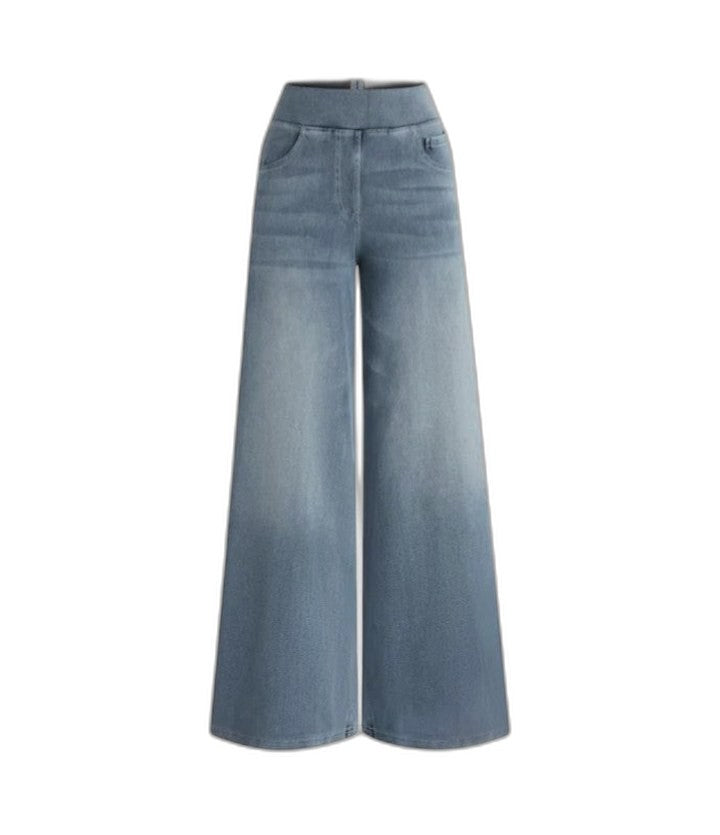 Effortless Blue Denim Wide Leg Pants for Women with High Waisted Pockets Casual Style