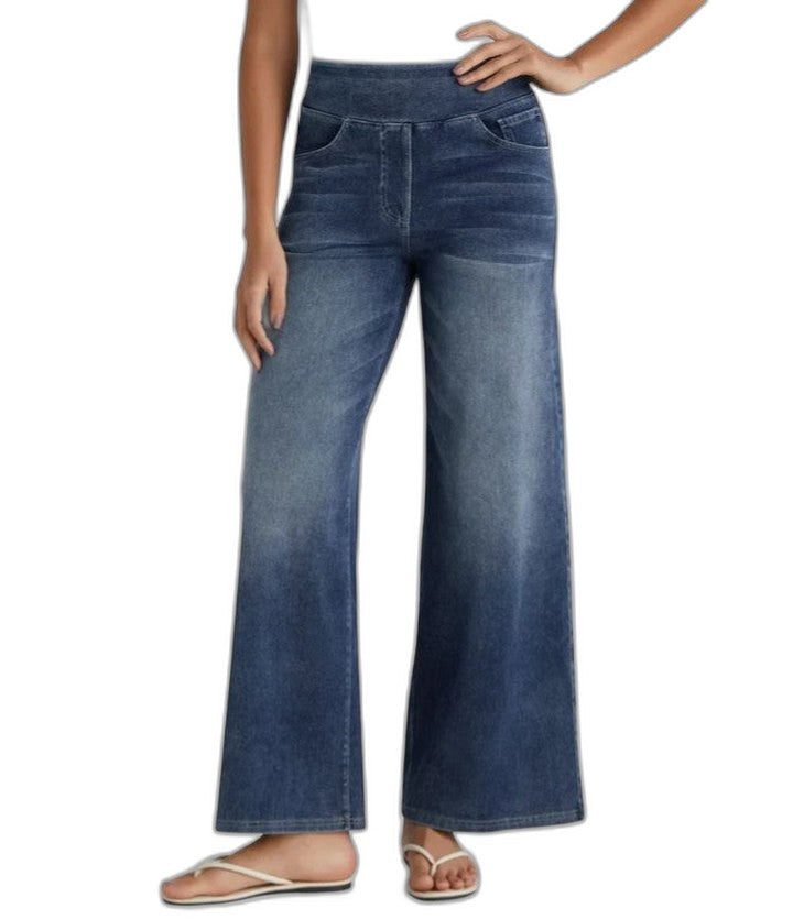 Effortless Blue Denim Wide Leg Pants for Women with High Waisted Pockets Casual Style