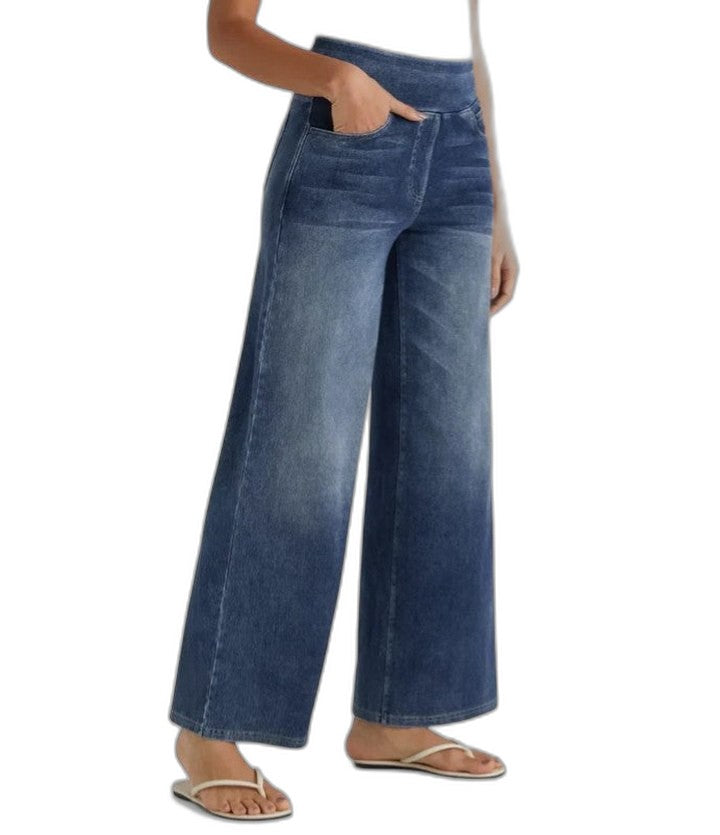Effortless Blue Denim Wide Leg Pants for Women with High Waisted Pockets Casual Style