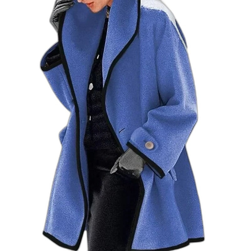 Effortless Blue Fleece Coat for Women with Collared Long Sleeve Button Front Casual Style