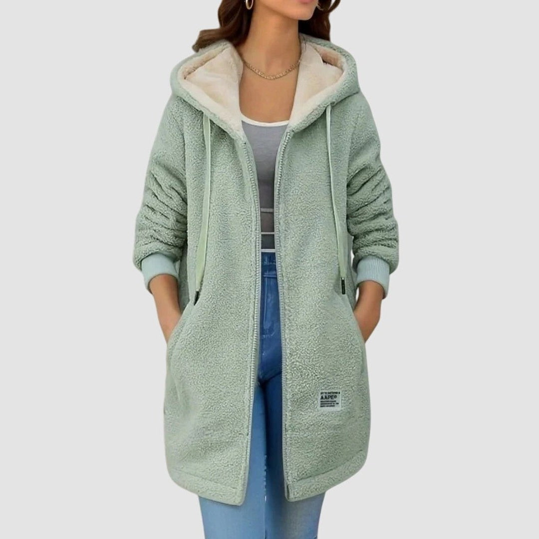 Effortless Blue Fleece Jacket for Women with Long Sleeve Pockets Fur Lined Casual Style
