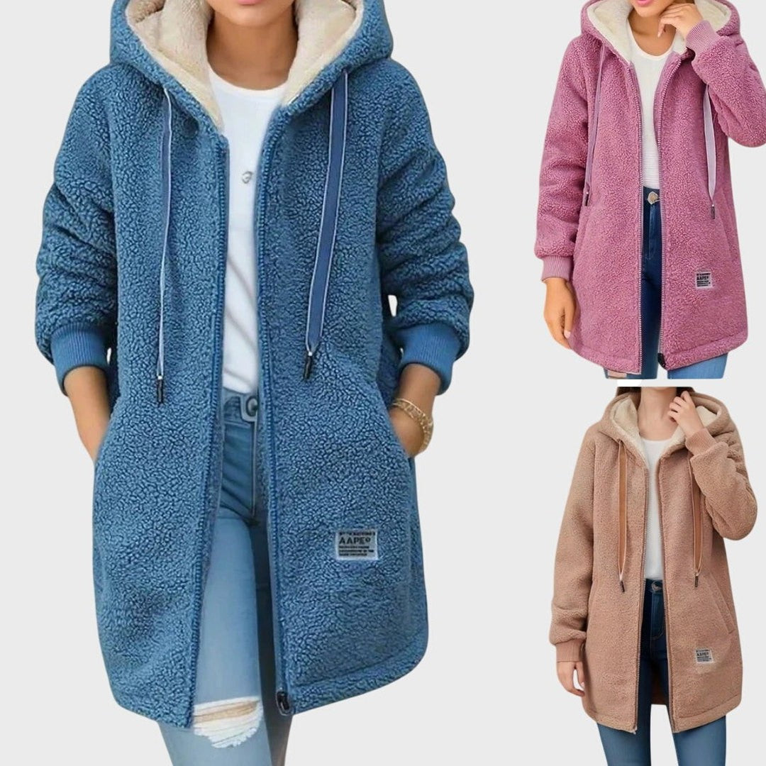 Effortless Blue Fleece Jacket for Women with Long Sleeve Pockets Fur Lined Casual Style