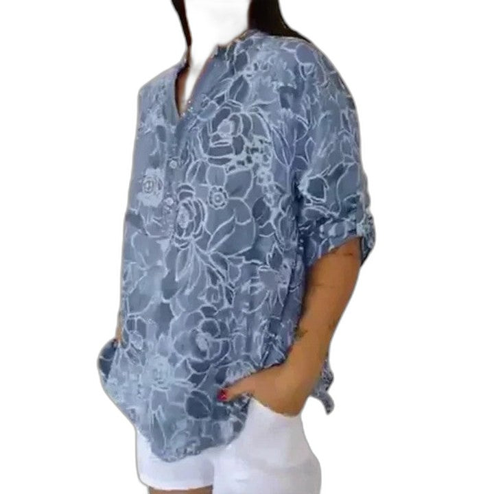 Effortless Blue Floral Blouse for Women with Collared Long Sleeve Button Front Oversized Pockets Casual Style