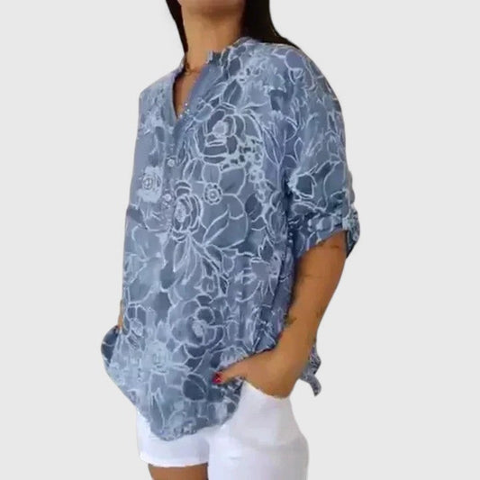 Effortless Blue Floral Blouse for Women with Collared Long Sleeve Button Front Oversized Pockets Casual Style