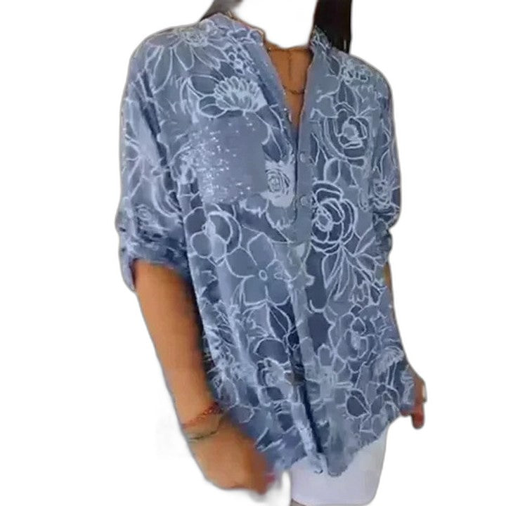 Effortless Blue Floral Blouse for Women with Collared Long Sleeve Button Front Oversized Pockets Casual Style