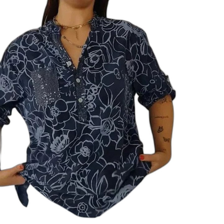 Effortless Blue Floral Blouse for Women with Collared Long Sleeve Button Front Oversized Pockets Casual Style
