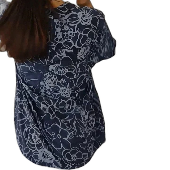 Effortless Blue Floral Blouse for Women with Collared Long Sleeve Button Front Oversized Pockets Casual Style