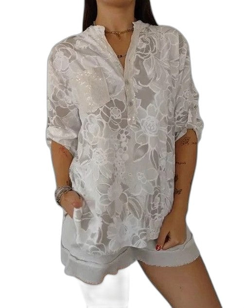 Effortless Blue Floral Blouse for Women with Collared Long Sleeve Button Front Oversized Pockets Casual Style