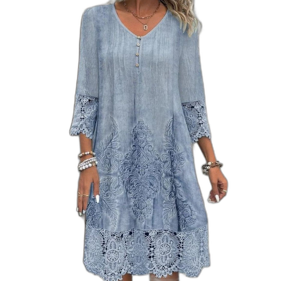 Effortless Blue Floral Midi Dress for Women with V Neck Elbow Sleeve A Line Casual Style