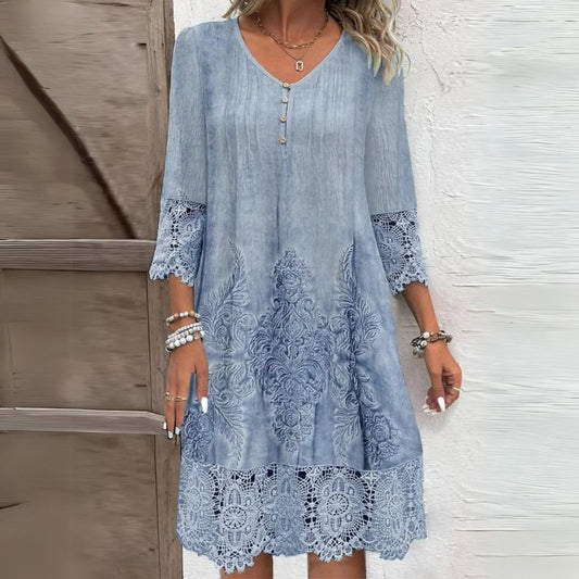 Effortless Blue Floral Midi Dress for Women with V Neck Elbow Sleeve A Line Casual Style