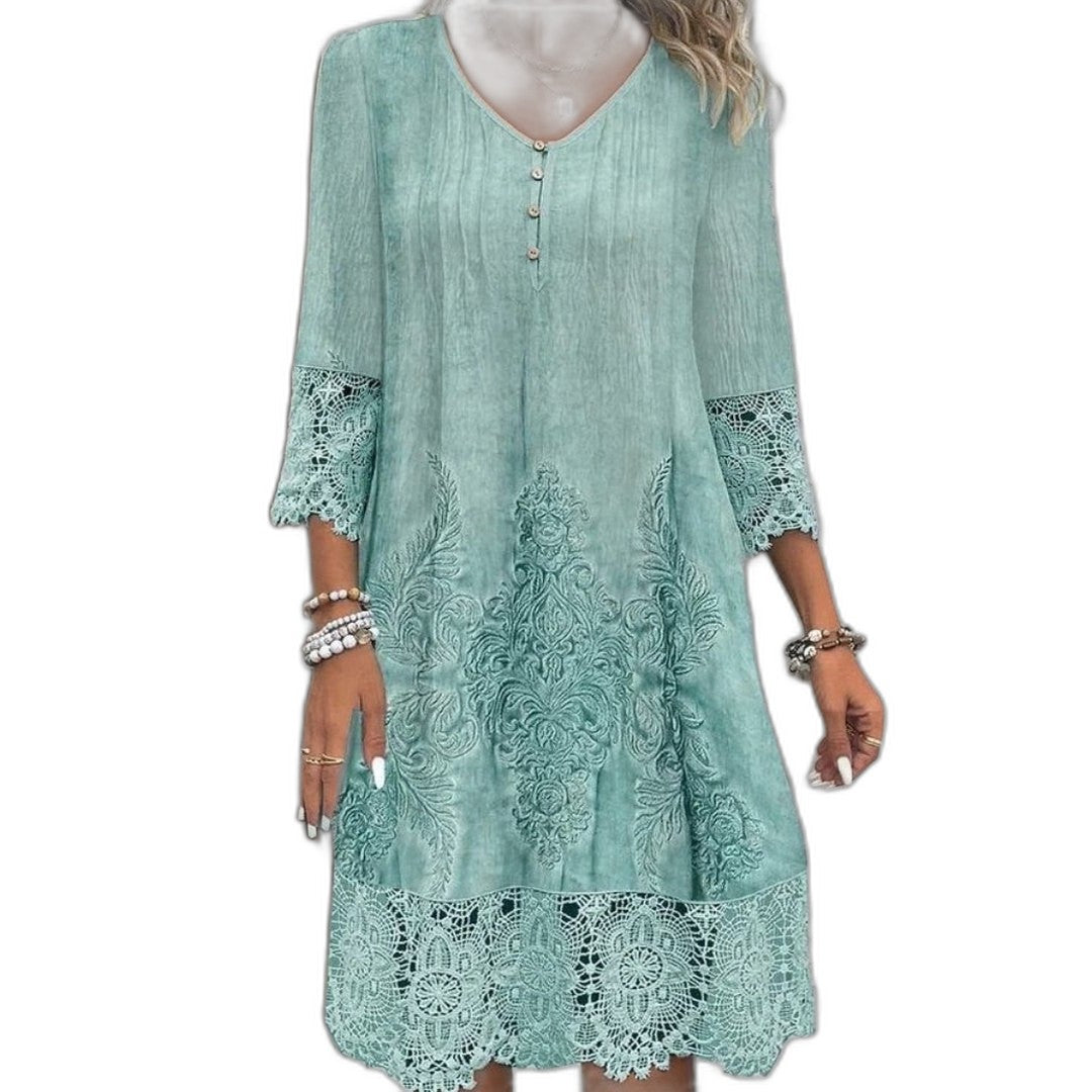 Effortless Blue Floral Midi Dress for Women with V Neck Elbow Sleeve A Line Casual Style