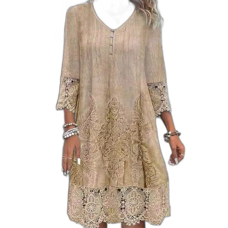 Effortless Blue Floral Midi Dress for Women with V Neck Elbow Sleeve A Line Casual Style