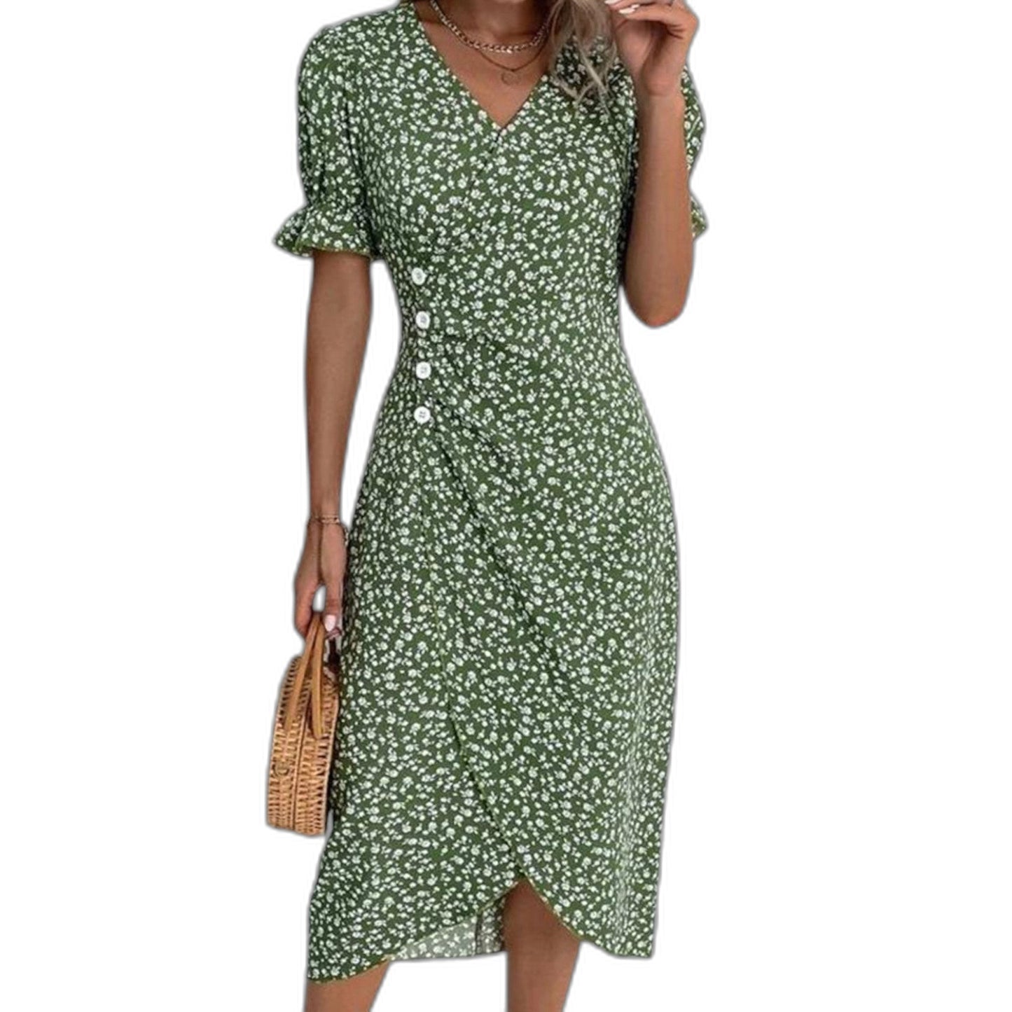 Effortless Blue Floral Midi Dress for Women with V Neck Short Sleeve Wrap Ruffle Casual Style